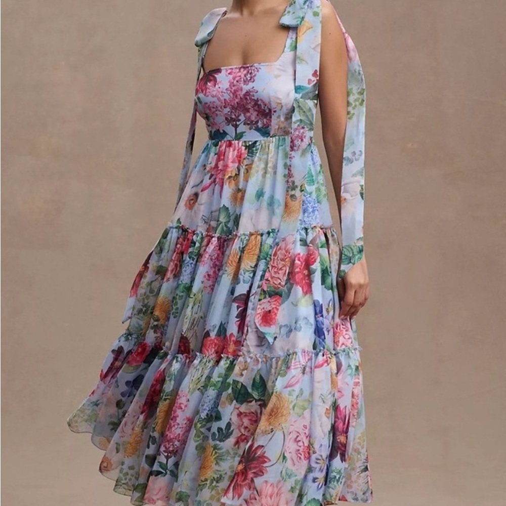 Anthropologie Isabella Dress Blue Floral Bow Sleeves